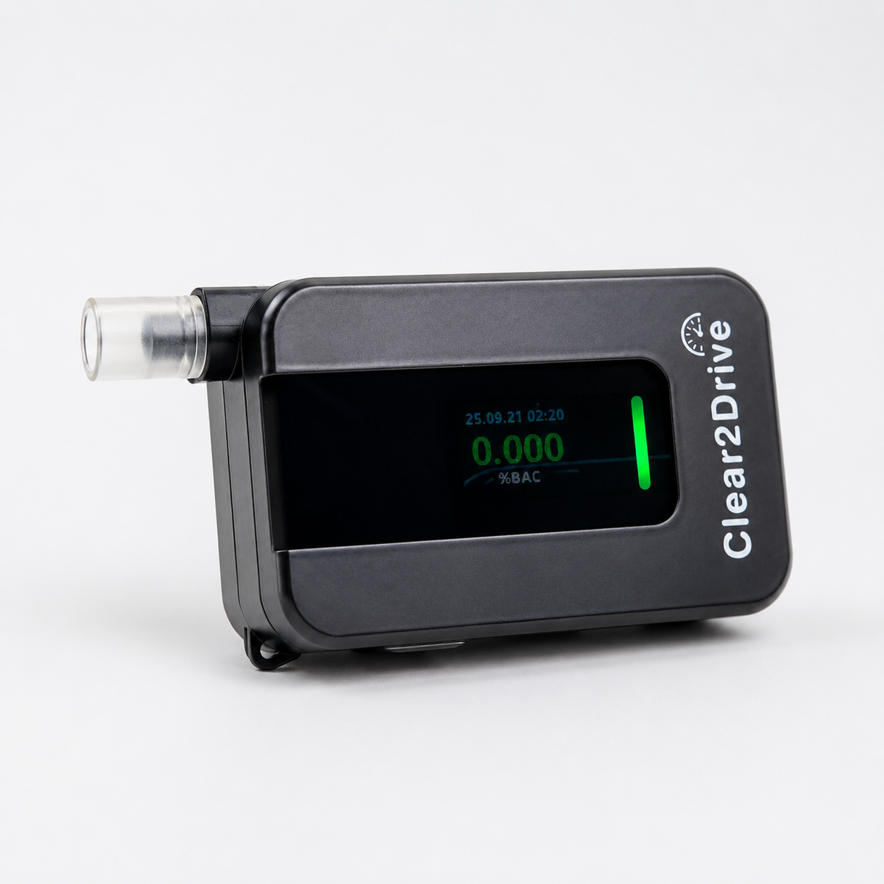 Clear2Drive ONE alkometer med tændt display der viser 0.000 promille